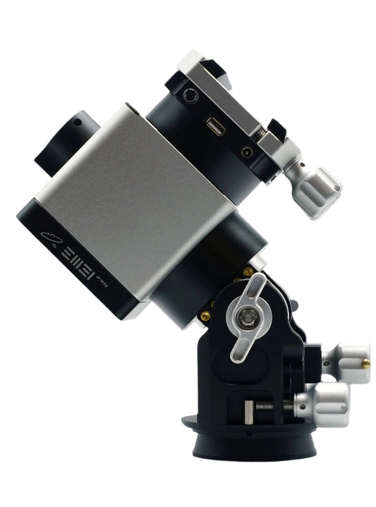 A black and silver equatorial mount for telescopes, with visible brand label 'EM31Pro'.